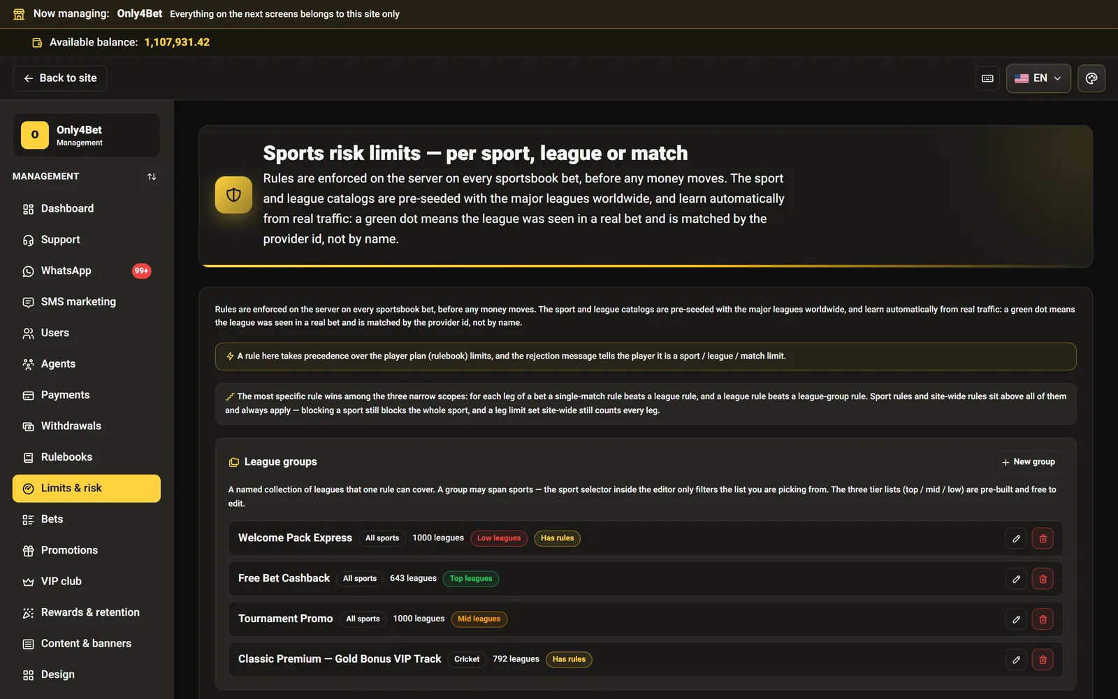The risk-rule manager — limits per sport, league and match
