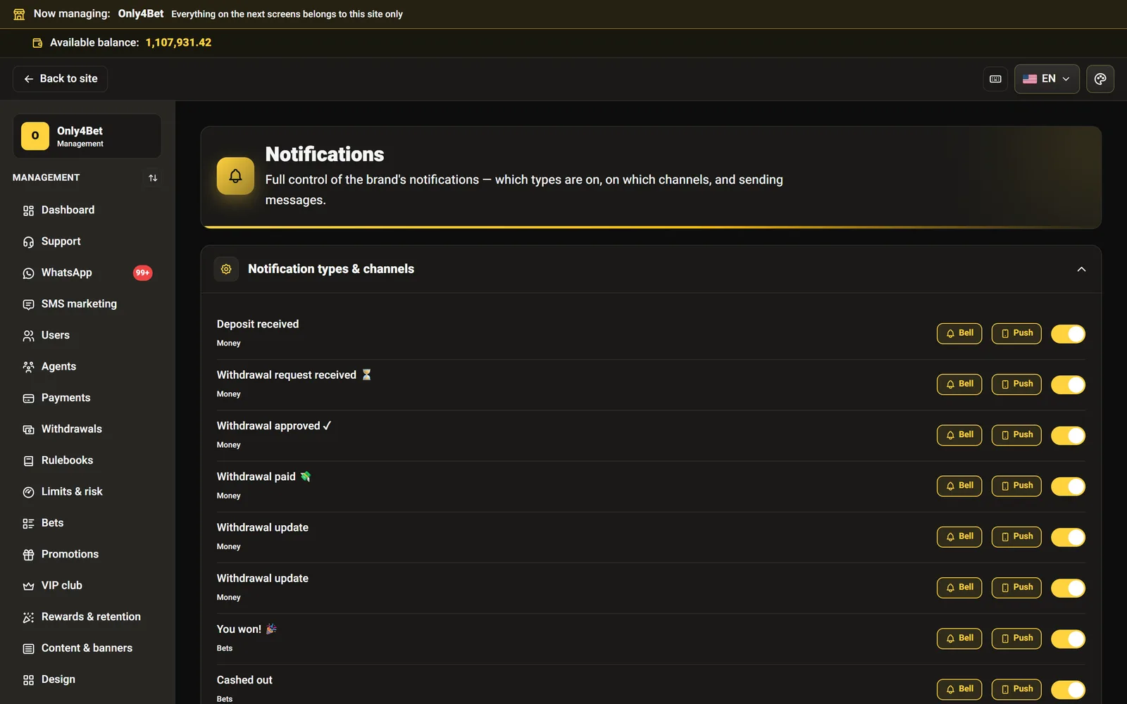 The notification center — channel controls, broadcast and install-banner tuning