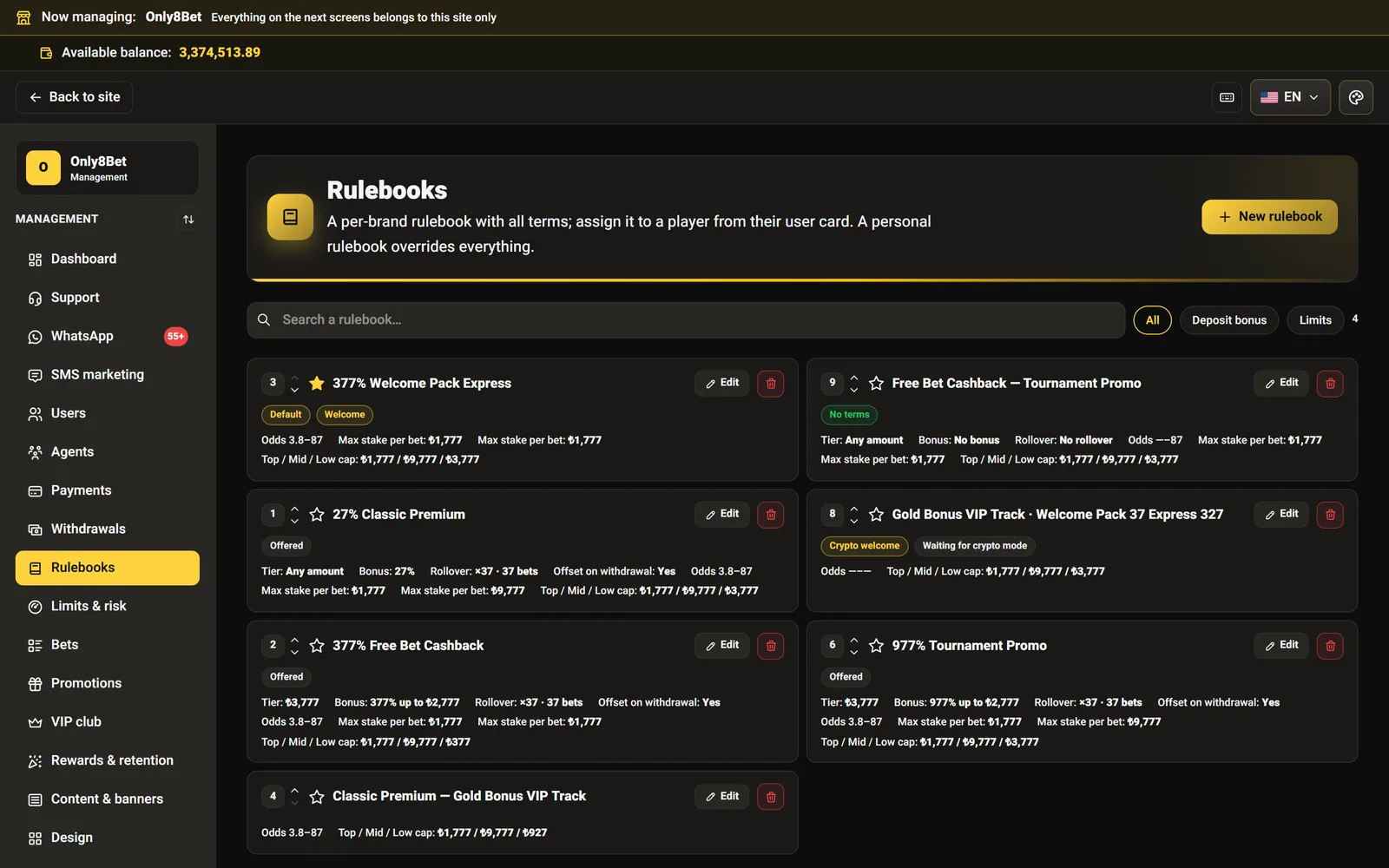 The management side — the rulebook library with every track's terms at a glance