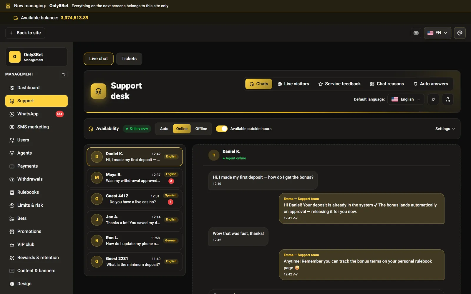 The live support desk — conversations, shift availability, visitors and feedback tabs