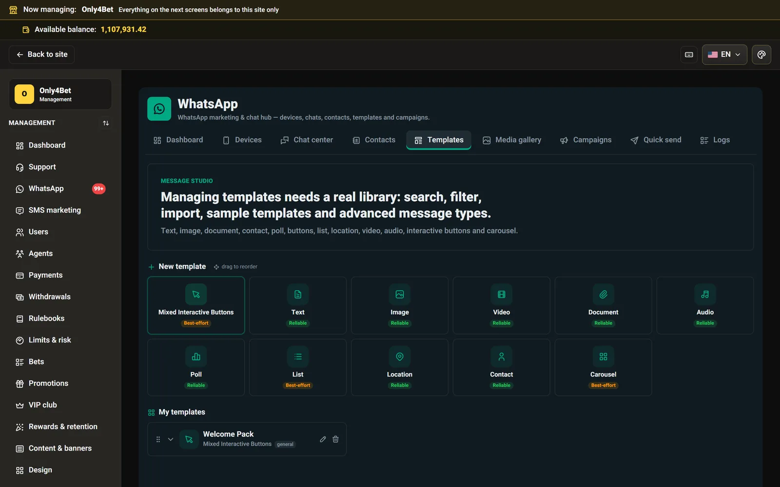 The template studio — 12 message types with a live preview