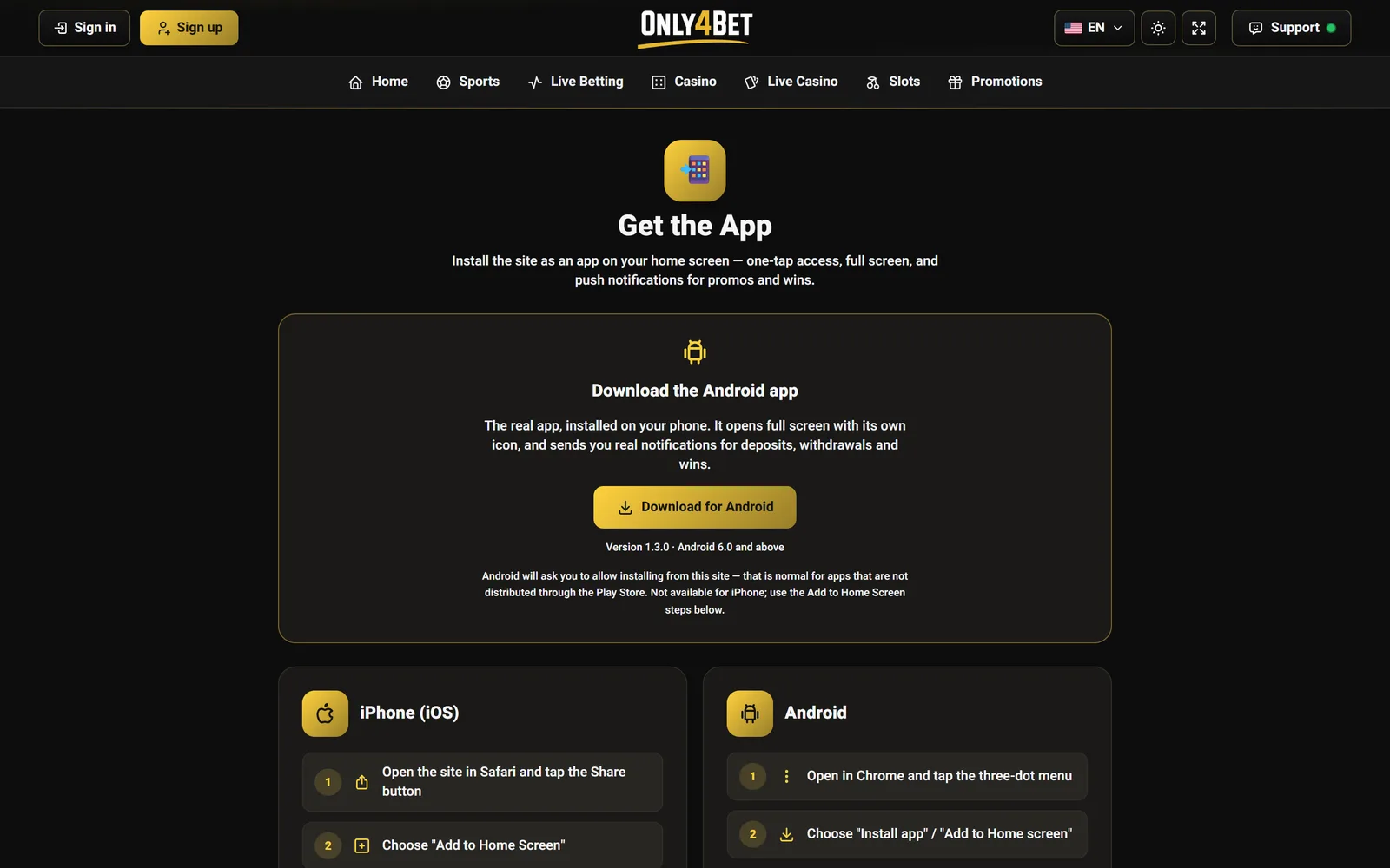 The live install page — app download and enabling notifications