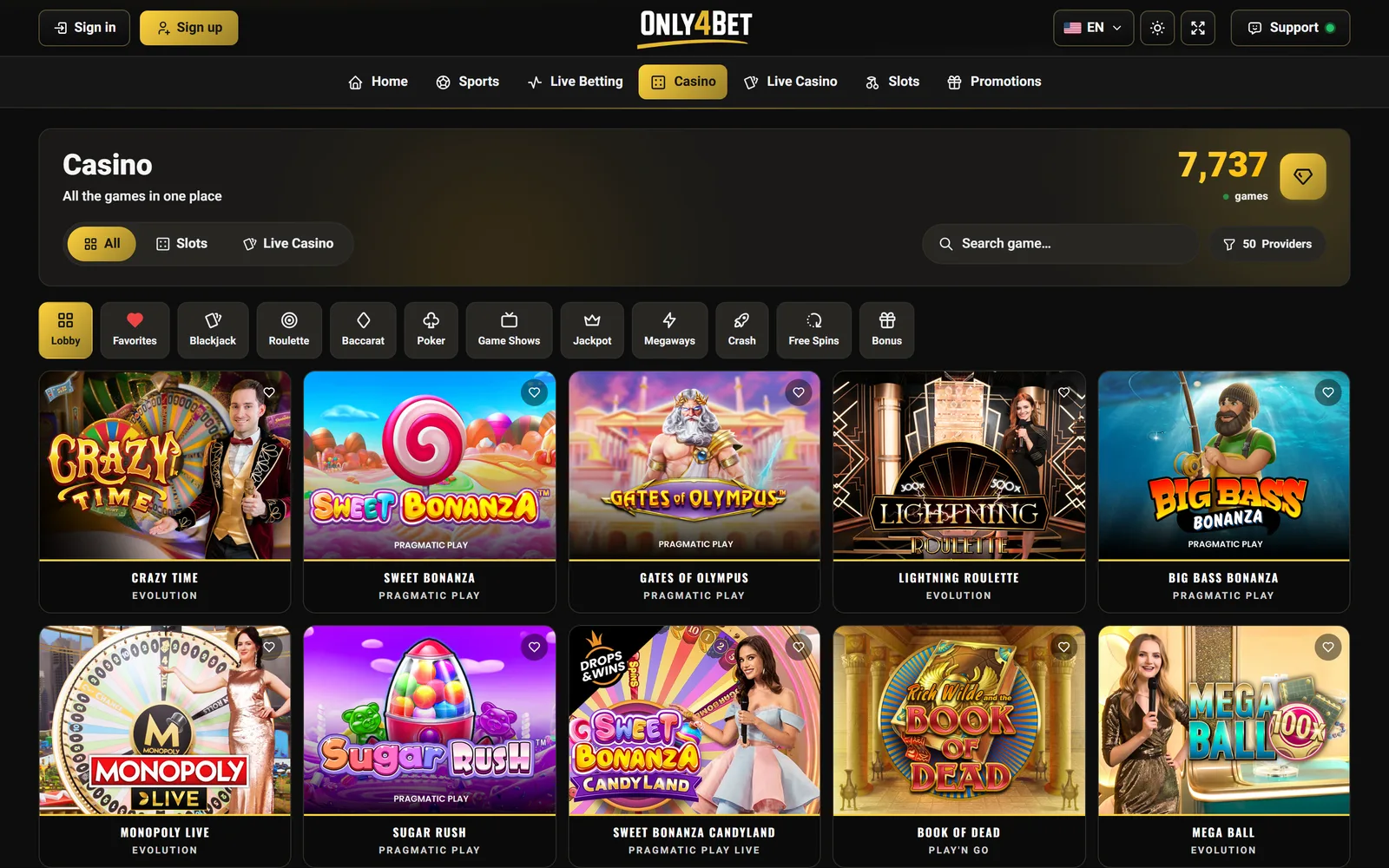 The casino lobby — categories, providers and the game grid