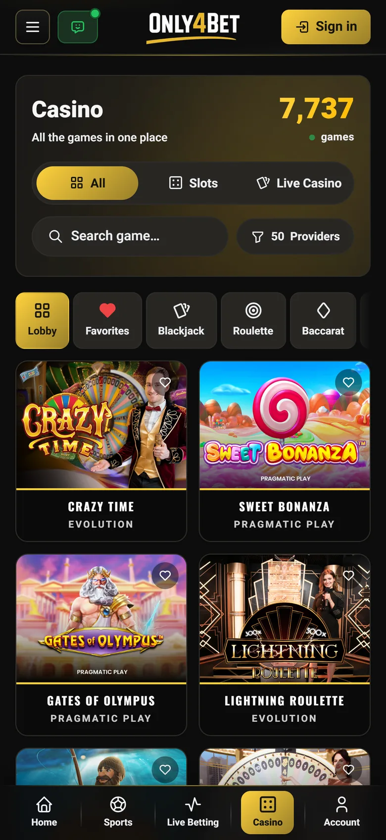 The casino on mobile — a full lobby in the palm