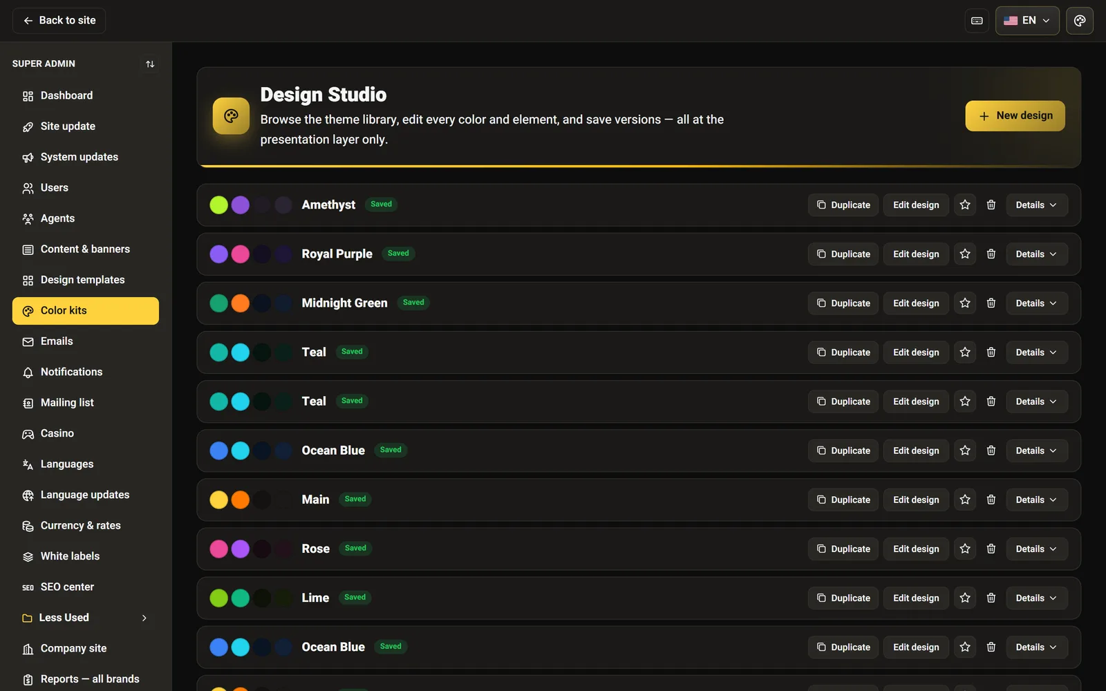 The design studio in the master panel — the versioned theme library